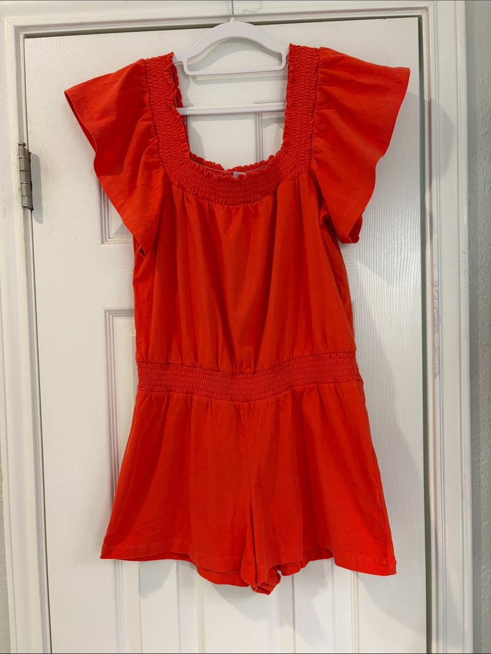 J. Crew Red Smocked Square-Neck Romper